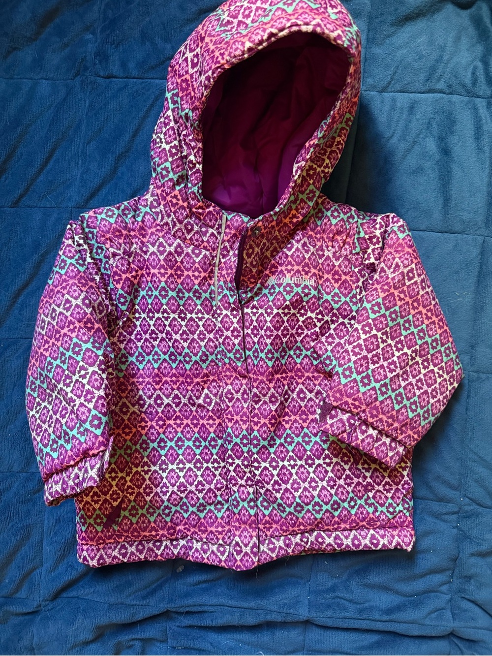 Columbia Girls' Pink & Teal Patterned Hooded Puffer Jacket